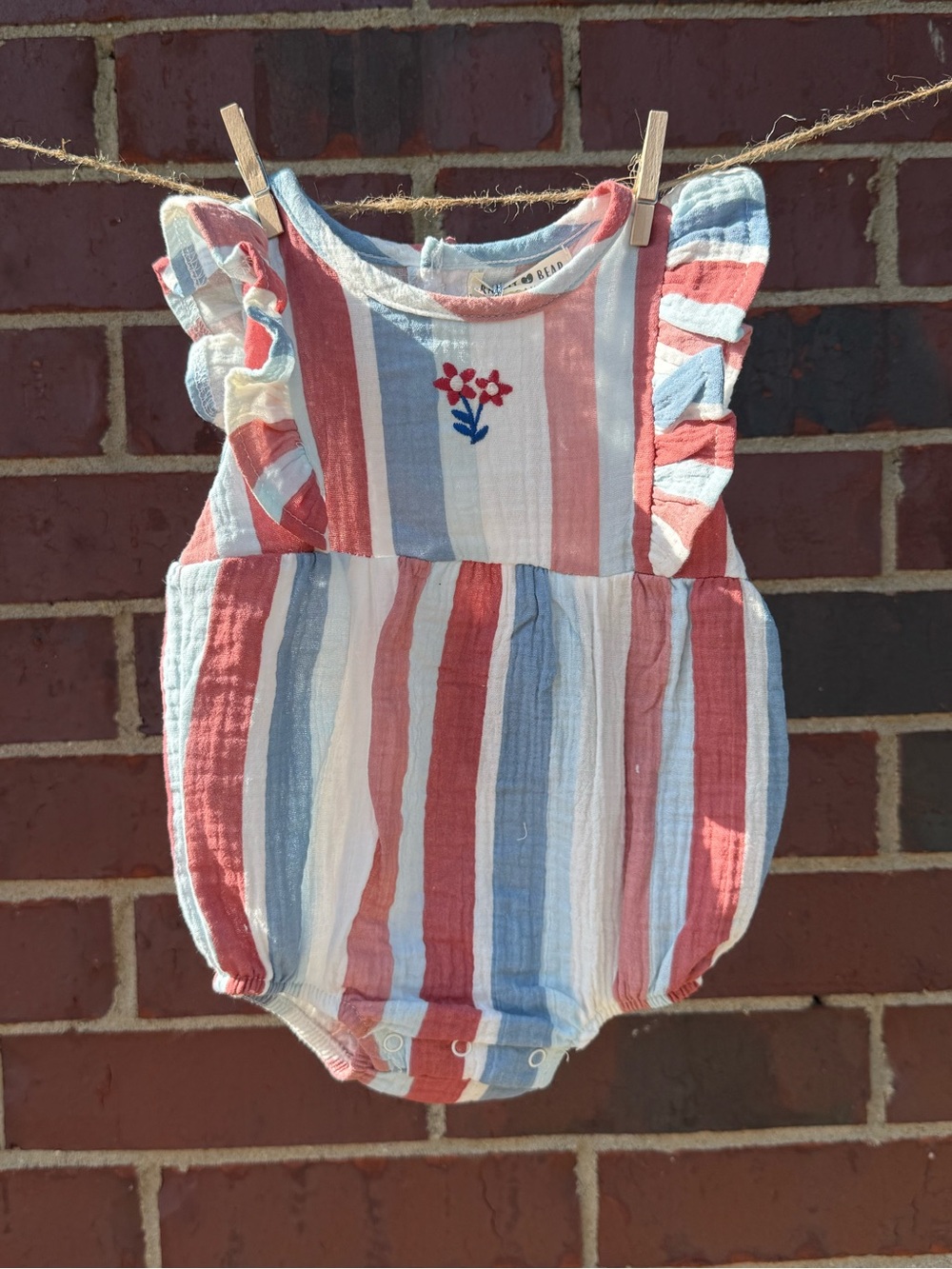 Rabbit + Bear Striped Red & Blue Baby Romper with Floral Embroidery